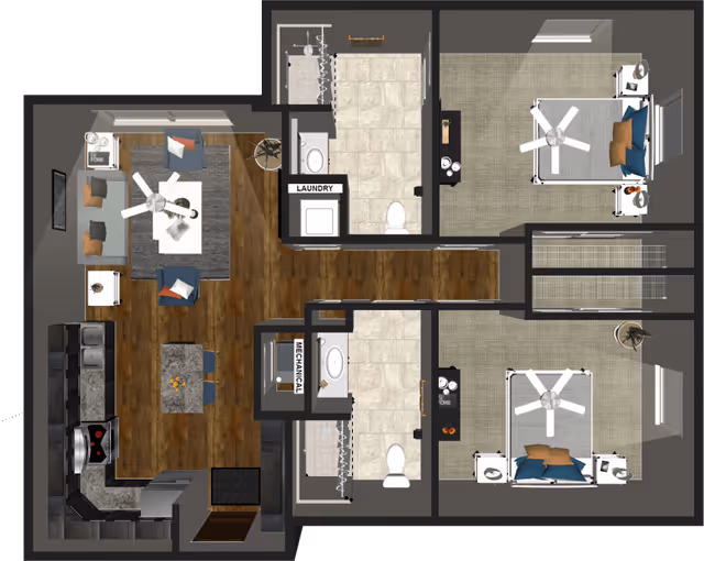 Top-down floor plan of an apartment with two bedrooms, two bathrooms, a kitchen, a living room, and a laundry area. The living room has a sofa, two chairs, a coffee table, and a ceiling fan. The kitchen includes appliances and a small dining table. Both bedrooms have beds, nightstands, and ceiling fans. Bathrooms have sinks, toilets, and bathtubs.