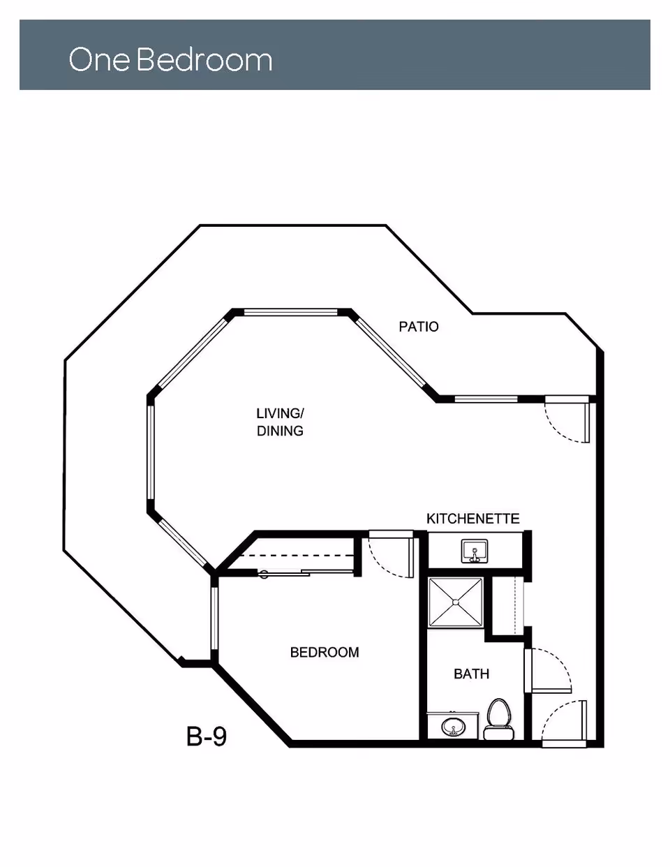 Floor plan of a one-bedroom unit labeled B-9 at Holiday Elm Park Estates, showing a living/dining area, kitchenette, bedroom, bathroom, and a patio.
