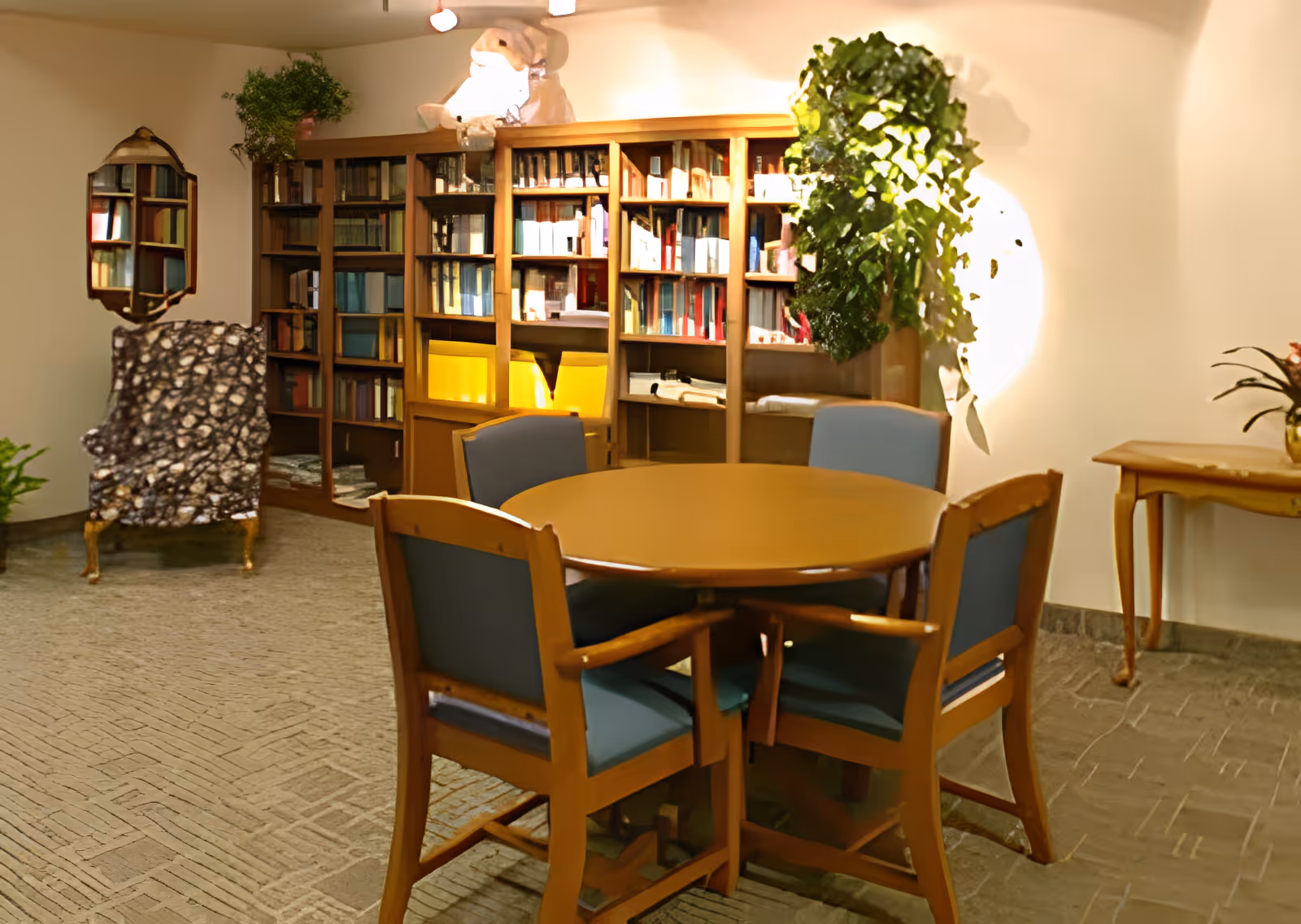 A cozy interior room with a round wooden table surrounded by four wooden chairs with blue cushions. Behind the table is a large wooden bookshelf filled with books and some decorative items. To the left, there is a patterned armchair and a wall-mounted mirror. A tall green plant is placed near the bookshelf, and another plant is on a small wooden side table to the right. The room has a carpeted floor and soft lighting.