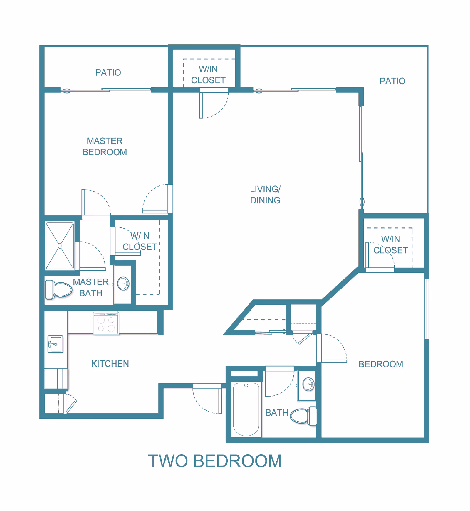 Floor plan of a two-bedroom apartment at Belleair Towers showing a master bedroom with walk-in closet and master bath, a second bedroom with walk-in closet, a kitchen, a living/dining area, two patios, and a second bathroom.