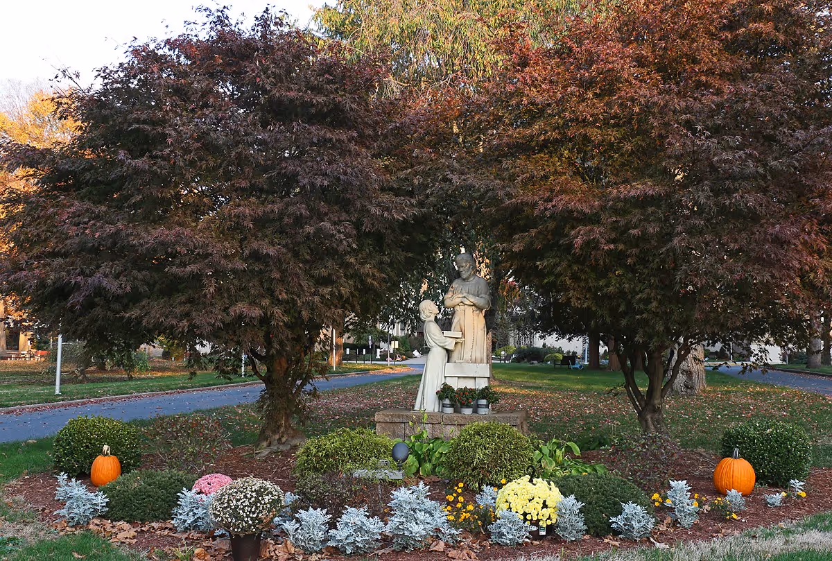 A garden area with two large trees framing a statue of two figures, one standing and one kneeling, surrounded by various plants, flowers, and two pumpkins on either side. A road and grassy area are visible in the background.