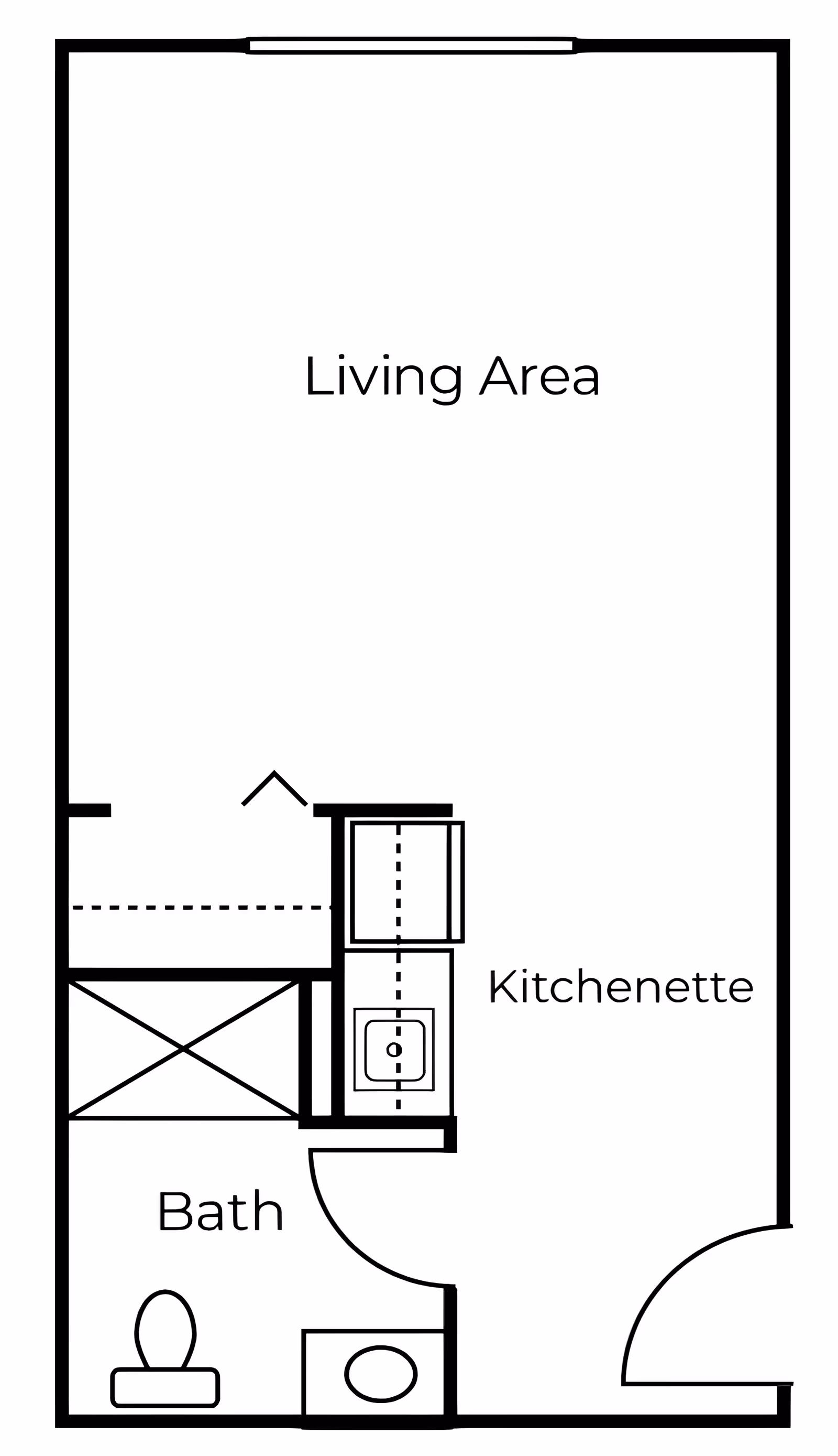Floor plan layout showing a living area, kitchenette, and a bathroom with a toilet and sink.