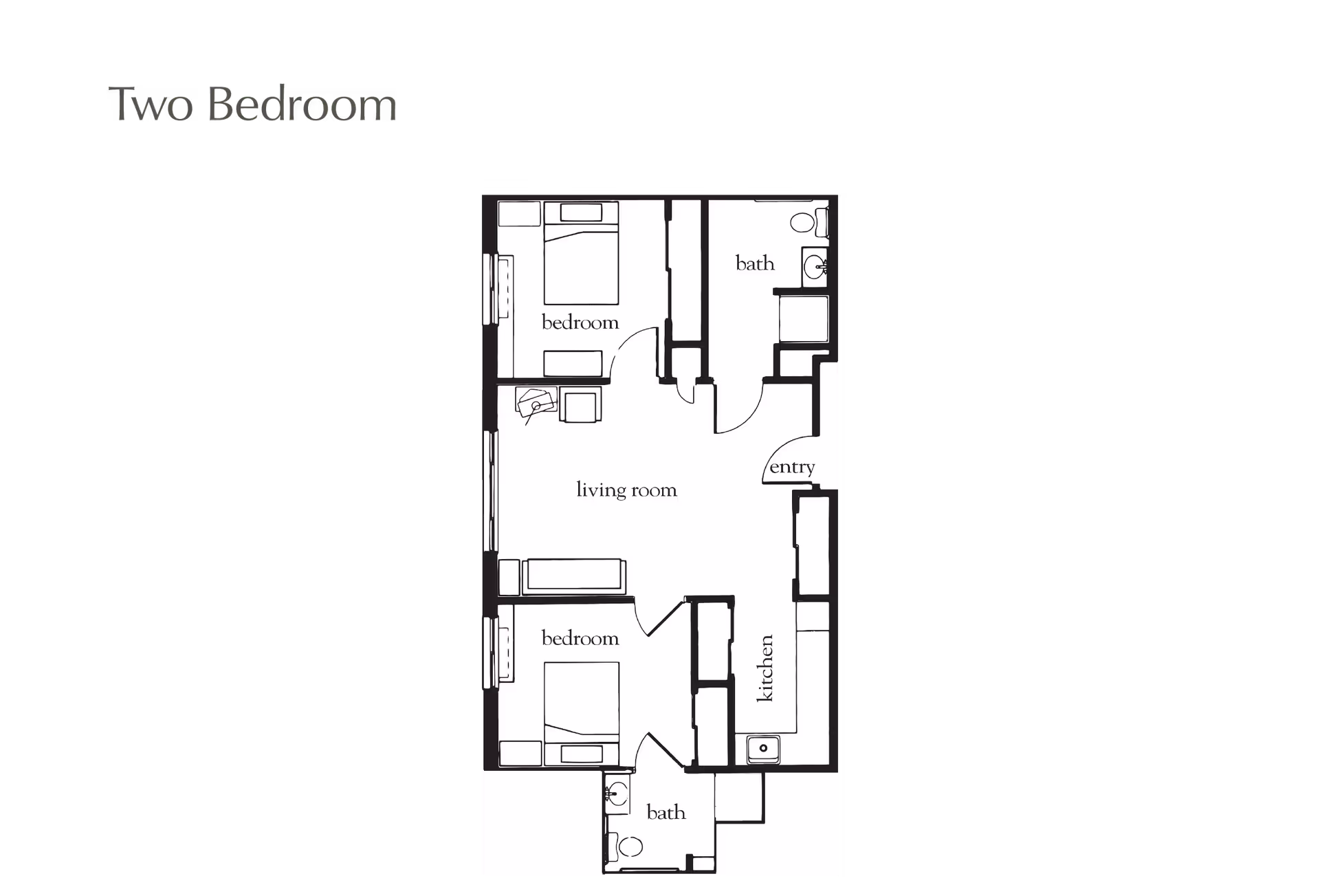 Floor plan layout of a two-bedroom apartment showing two bedrooms, two bathrooms, a living room, kitchen, and entry area.