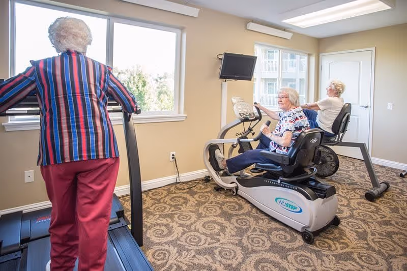 Three elderly women exercising in a fitness room with beige walls and patterned carpet. One woman is walking on a treadmill near a window, while the other two are using stationary exercise bikes. A small wall-mounted TV is visible in the background.