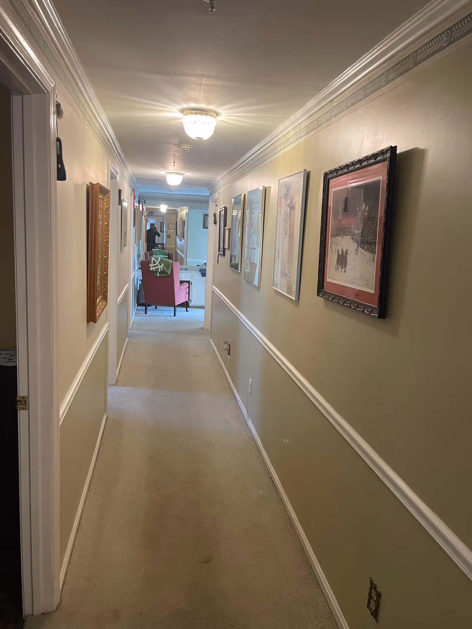 A long, narrow hallway with beige walls and carpeted floor. The walls are decorated with framed pictures and paintings. The ceiling has two light fixtures. At the end of the hallway, there is a glimpse of a room with a pink armchair and a green pillow.