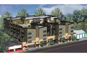 Architectural rendering of a modern four-story residential building with balconies, street-level entrances, trees, and a garage.