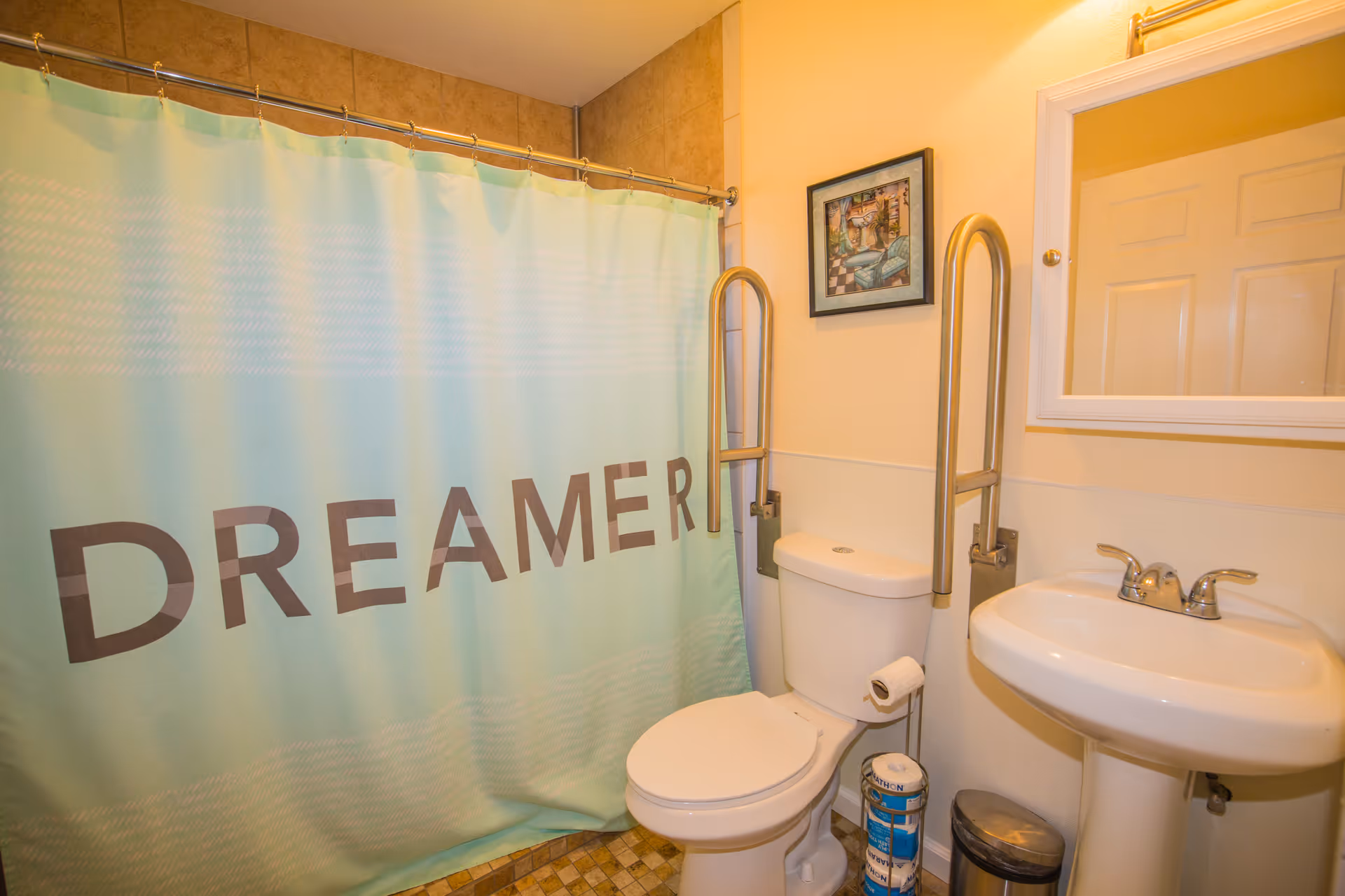 A bathroom with a light blue shower curtain that has the word 'DREAMER' printed on it. The bathroom features a white toilet with safety grab bars on both sides, a white pedestal sink with a silver faucet, a rectangular mirror above the sink, a small trash can, and a framed picture on the wall. The floor has a mosaic tile pattern.