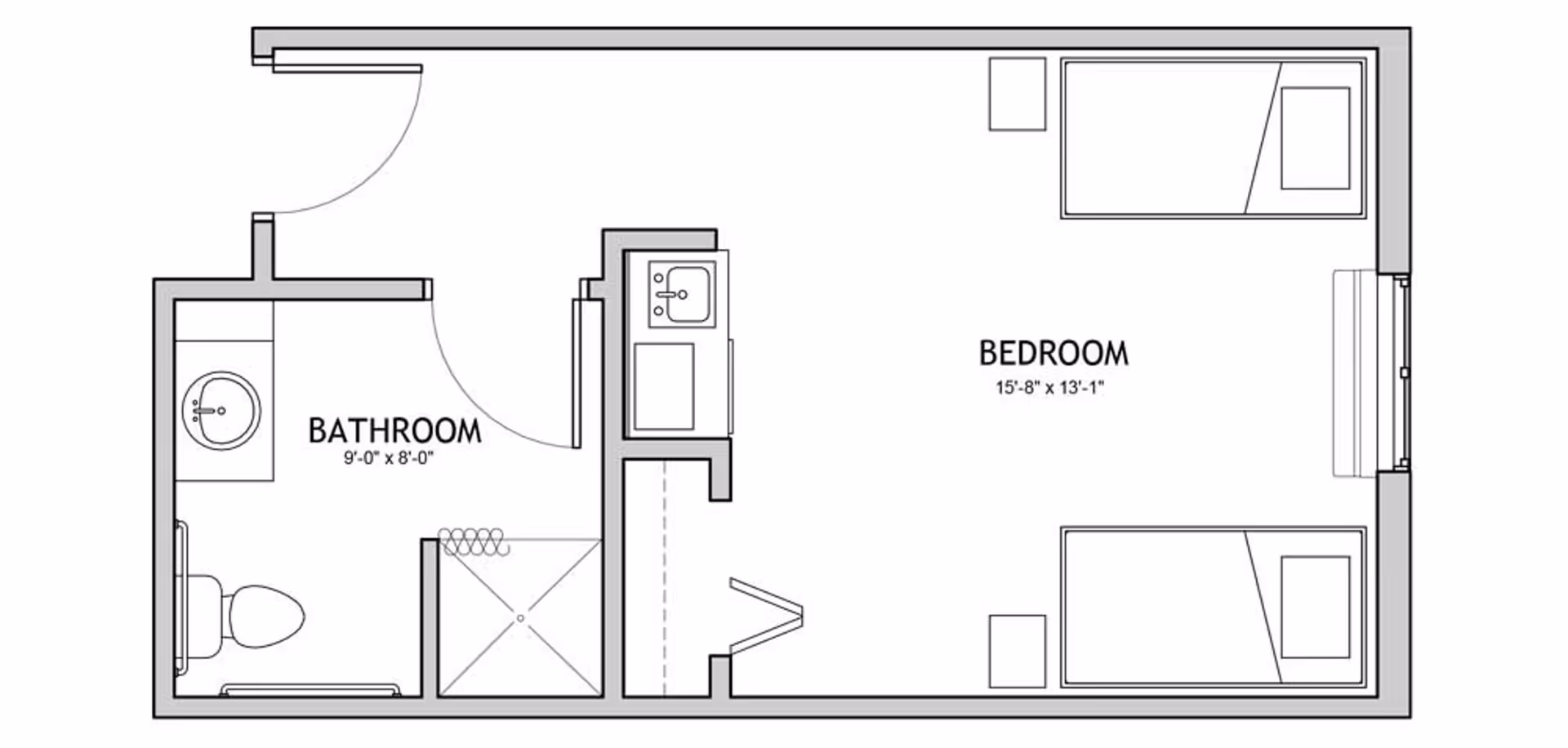Black-and-white floor plan of a one-bedroom unit labeled 'BEDROOM' and 'BATHROOM' showing two beds, a sink area, shower, and toilet.