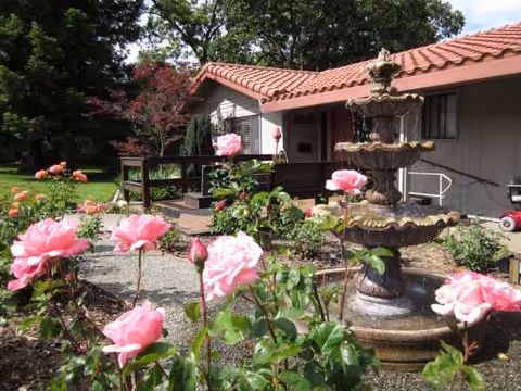 Outdoor garden view at Olive Glen Main House, pink roses, stone fountain, and the building.