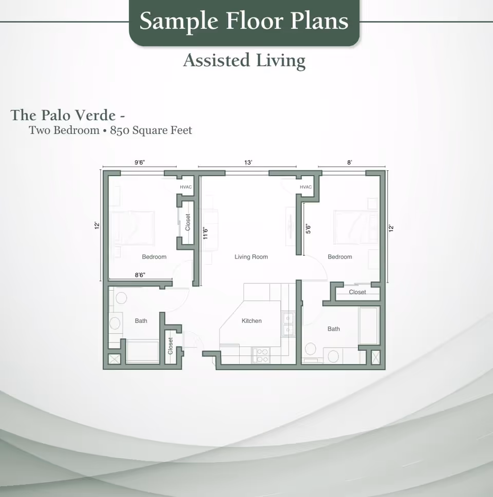 Floor plan titled 'The Palo Verde' for assisted living, showing a two-bedroom, two-bathroom apartment with 850 square feet. The layout includes two bedrooms each with a closet, two bathrooms, a kitchen, and a living room. Dimensions for rooms and closets are indicated.
