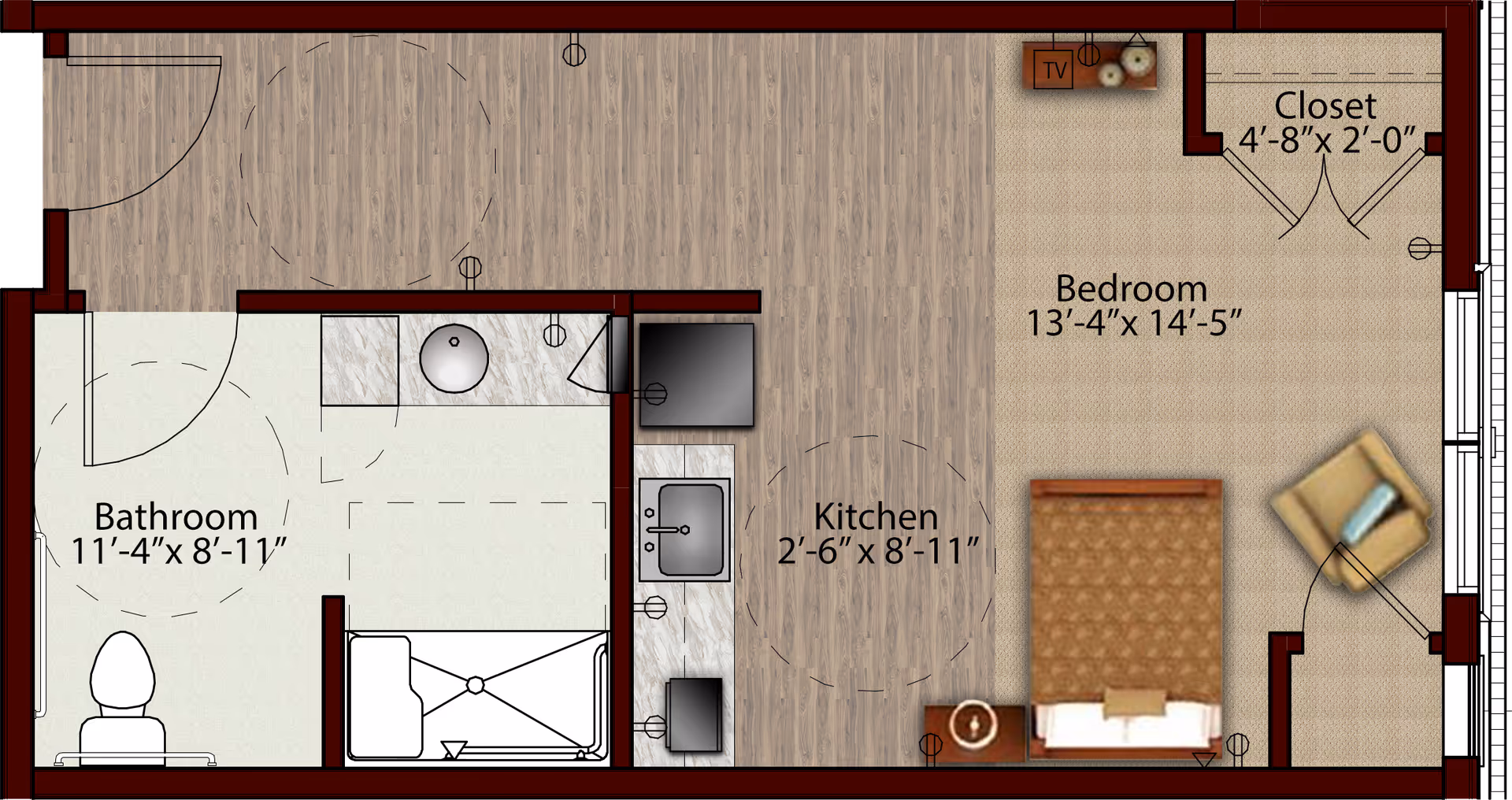 Floor plan of a living space at Harmony at Kent showing a bedroom with a bed, chair, TV, and closet; a kitchen area with a sink and stove; and a bathroom with a toilet, sink, and bathtub.
