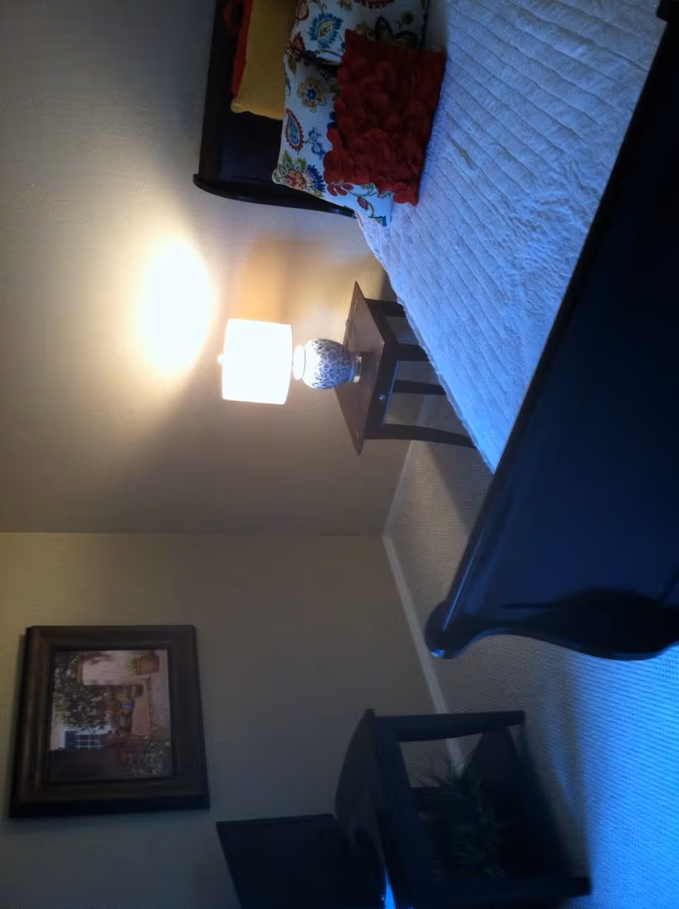 A bedroom with a bed covered in a white quilt and colorful pillows, a wooden nightstand with a decorative lamp, a framed painting on the wall, and a small table with a plant on the carpeted floor.