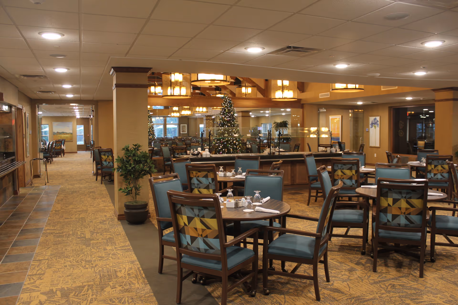 A spacious dining area in a retirement community with multiple round tables and chairs arranged neatly. The chairs have patterned backs and teal cushions. The room is warmly lit with hanging lights and decorated with a Christmas tree in the background. There is a carpeted floor and a long hallway leading to other rooms.