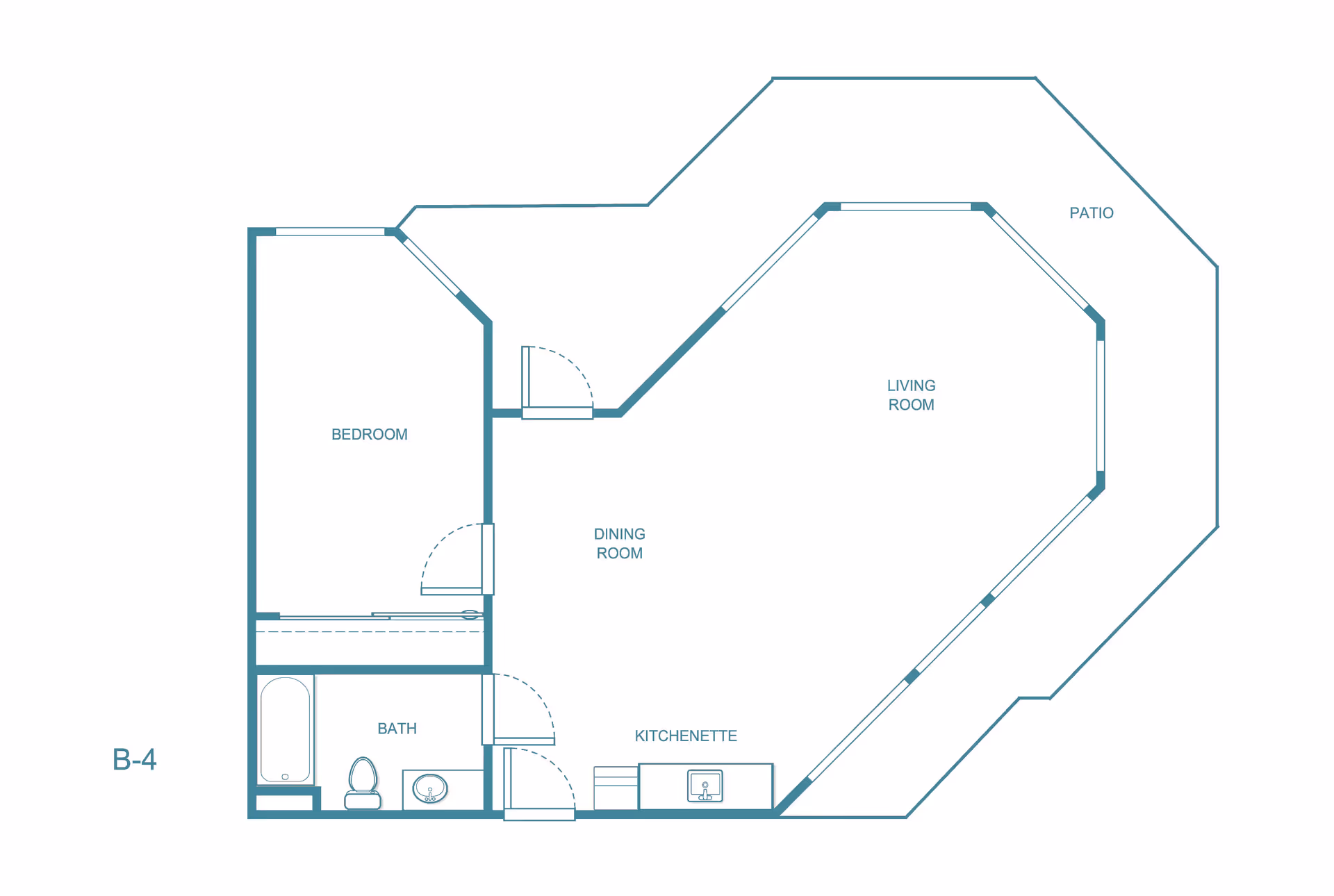 Architectural floor plan of a residential unit labeled B-4 at Truewood by Merrill, Pinole, showing a bedroom, bath, dining room, kitchenette, living room, and patio.
