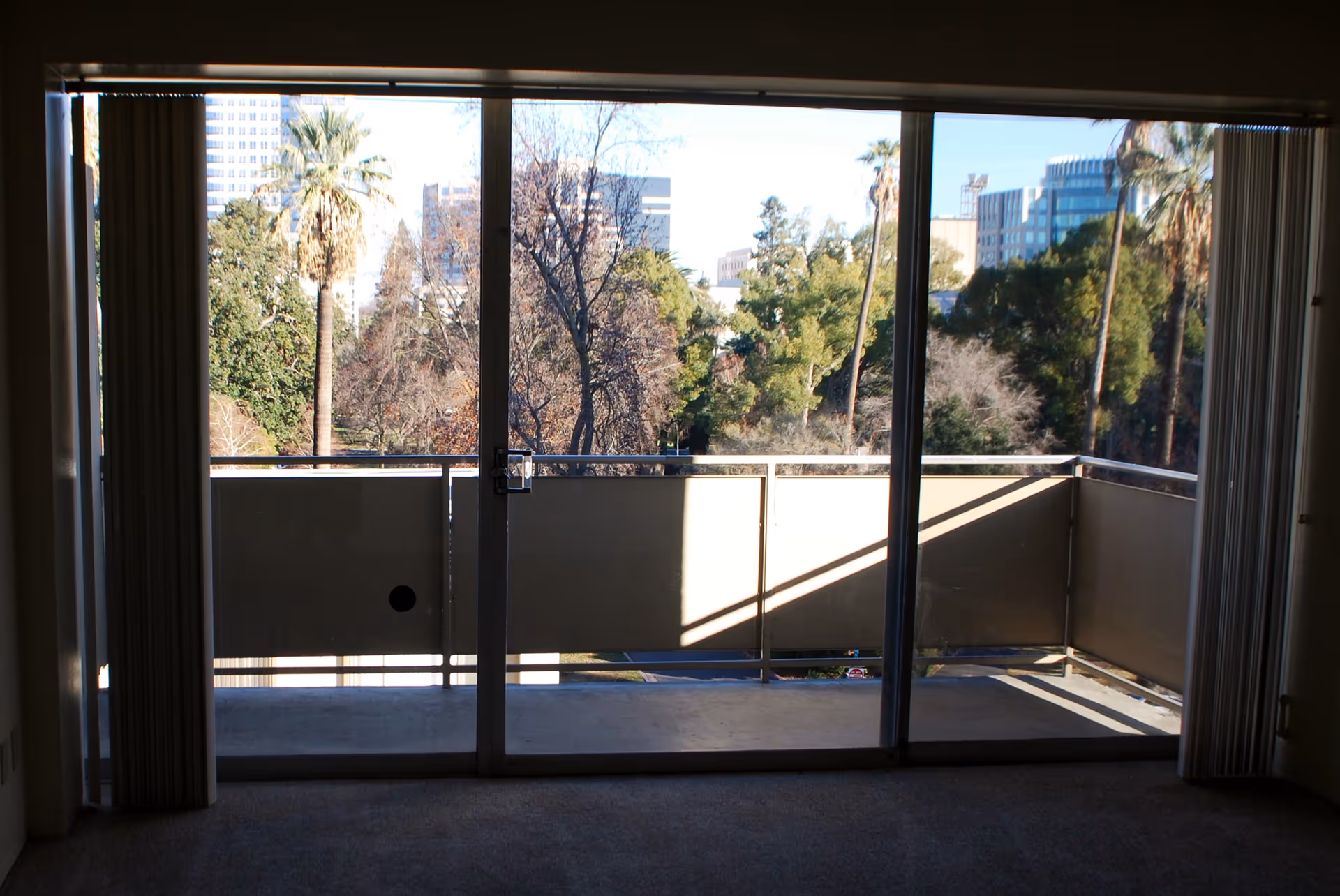 Sliding glass doors and a small balcony overlooking trees and distant buildings, seen from inside a carpeted room.