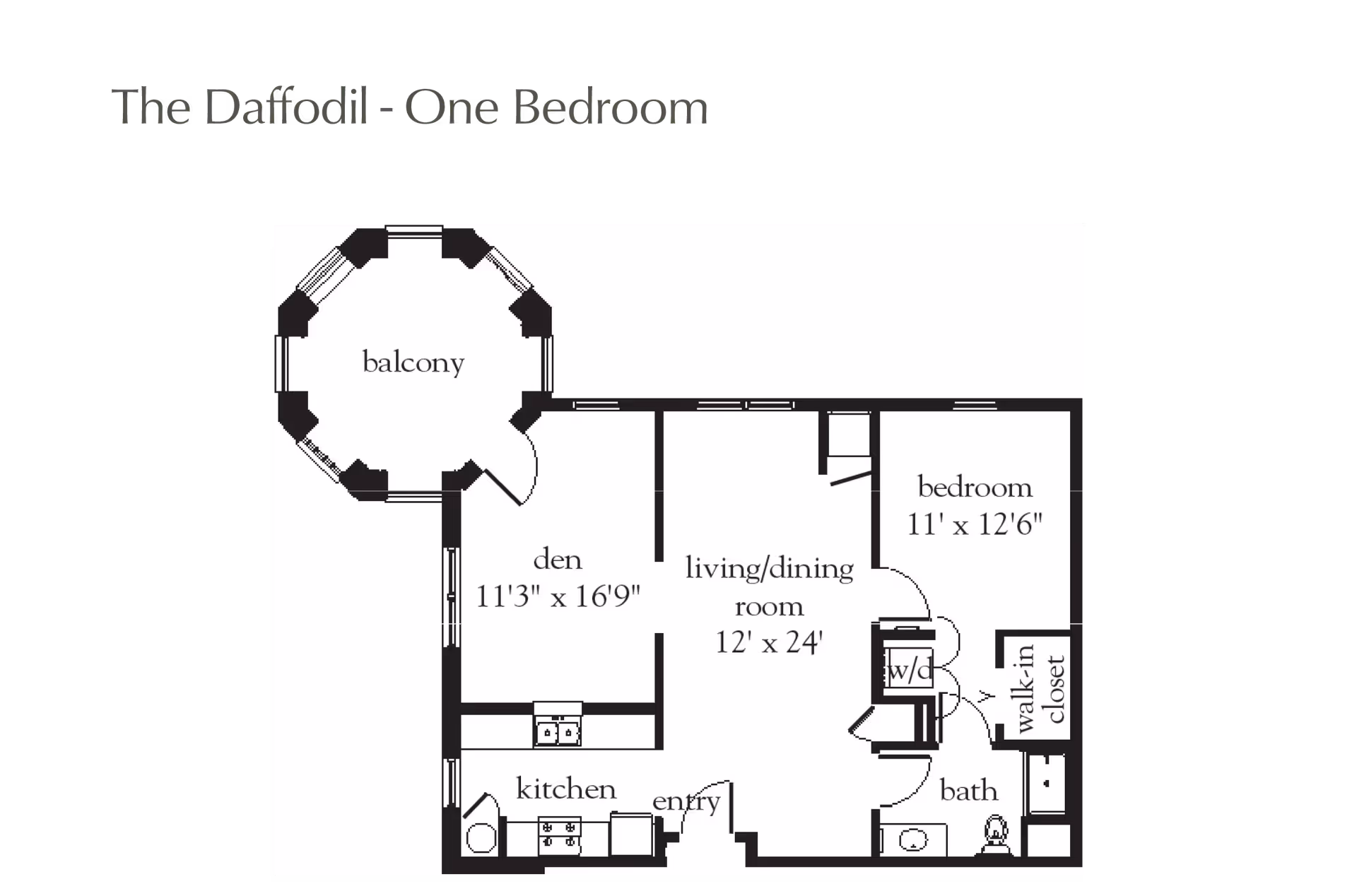 Floor plan titled 'The Daffodil - One Bedroom' showing a layout with a balcony, den, living/dining room, bedroom, kitchen, entry, bath, walk-in closet, and washer/dryer area. Dimensions for each room are provided.