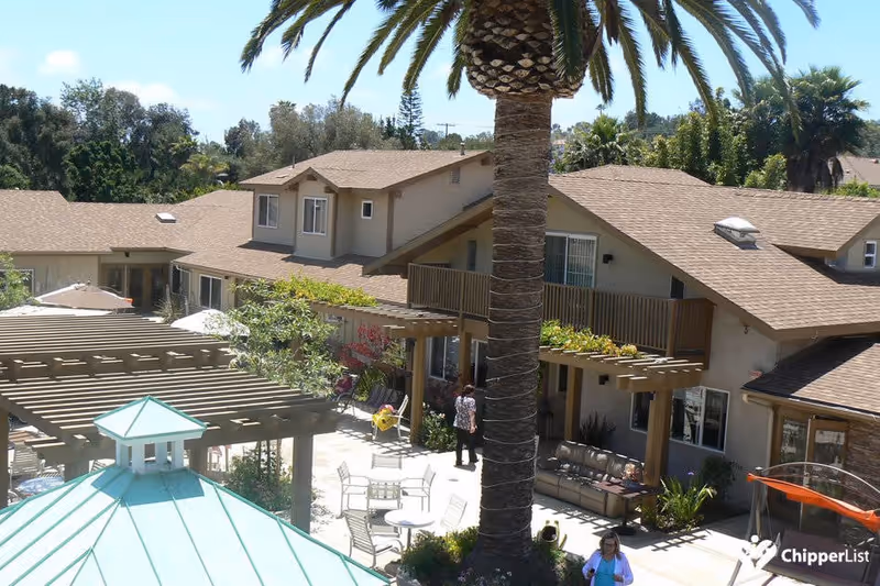 Outdoor courtyard with pergolas, patio seating, a tall palm tree, and two-story beige residential buildings.