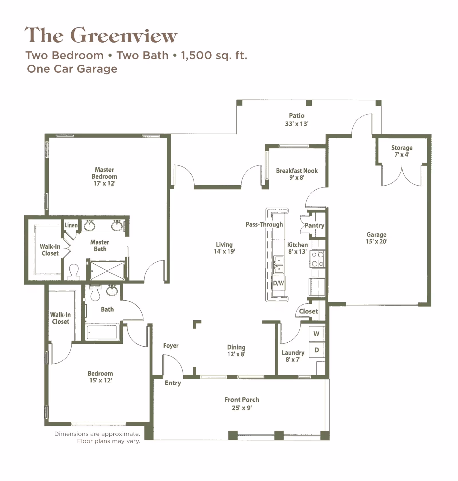 Floor plan of The Greenview at The Village at Gleannloch Farms showing a two-bedroom, two-bathroom layout with a one-car garage. The plan includes a master bedroom with walk-in closet and master bath, a second bedroom with walk-in closet, a living room, dining area, kitchen with pantry and pass-through, breakfast nook, laundry room, storage, front porch, and patio.