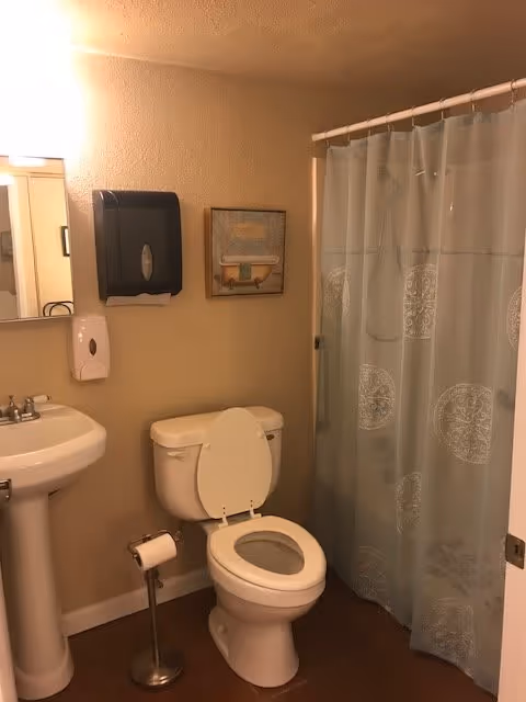 A small bathroom with a white pedestal sink, a toilet with the seat up, a toilet paper holder, a wall-mounted soap dispenser, a black paper towel dispenser, a framed picture on the wall, and a shower with a blue patterned curtain.