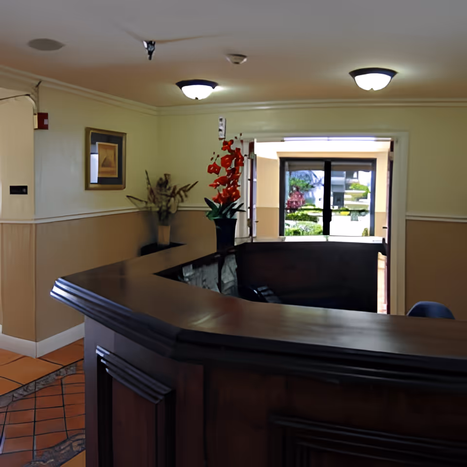 Reception area with a dark wooden front desk, beige walls with a framed picture, ceiling lights, and a vase with red flowers. A window behind the desk shows a view of a garden outside.