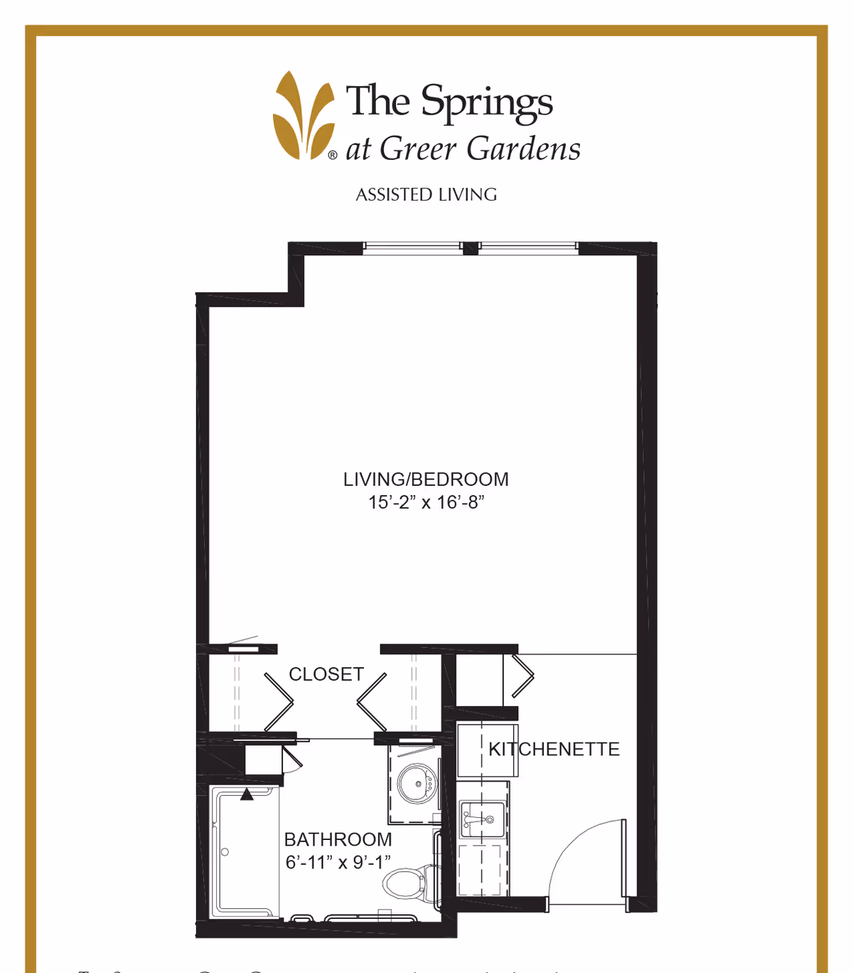 Floor plan of an assisted living unit at The Springs at Greer Gardens showing a living/bedroom area measuring 15 feet 2 inches by 16 feet 8 inches, a bathroom measuring 6 feet 11 inches by 9 feet 1 inch, a closet, and a kitchenette near the entrance.
