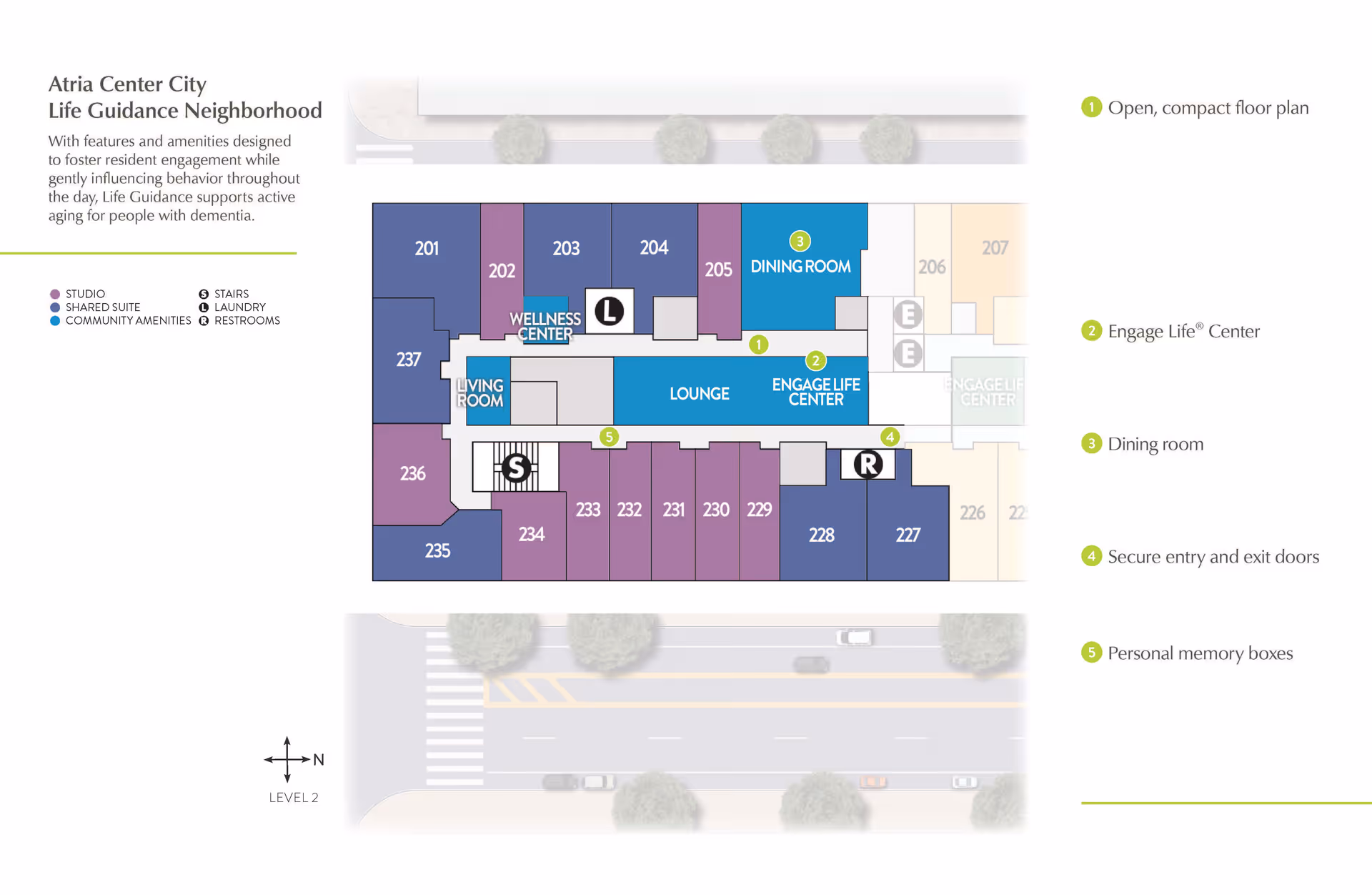 Floor plan of Atria Center City Life Guidance Neighborhood showing studio and shared suite rooms, community amenities including a wellness center, living room, lounge, engage life center, and dining room. The map highlights stairs, laundry, restrooms, secure entry and exit doors, and personal memory boxes. The layout is designed to support active aging for people with dementia.