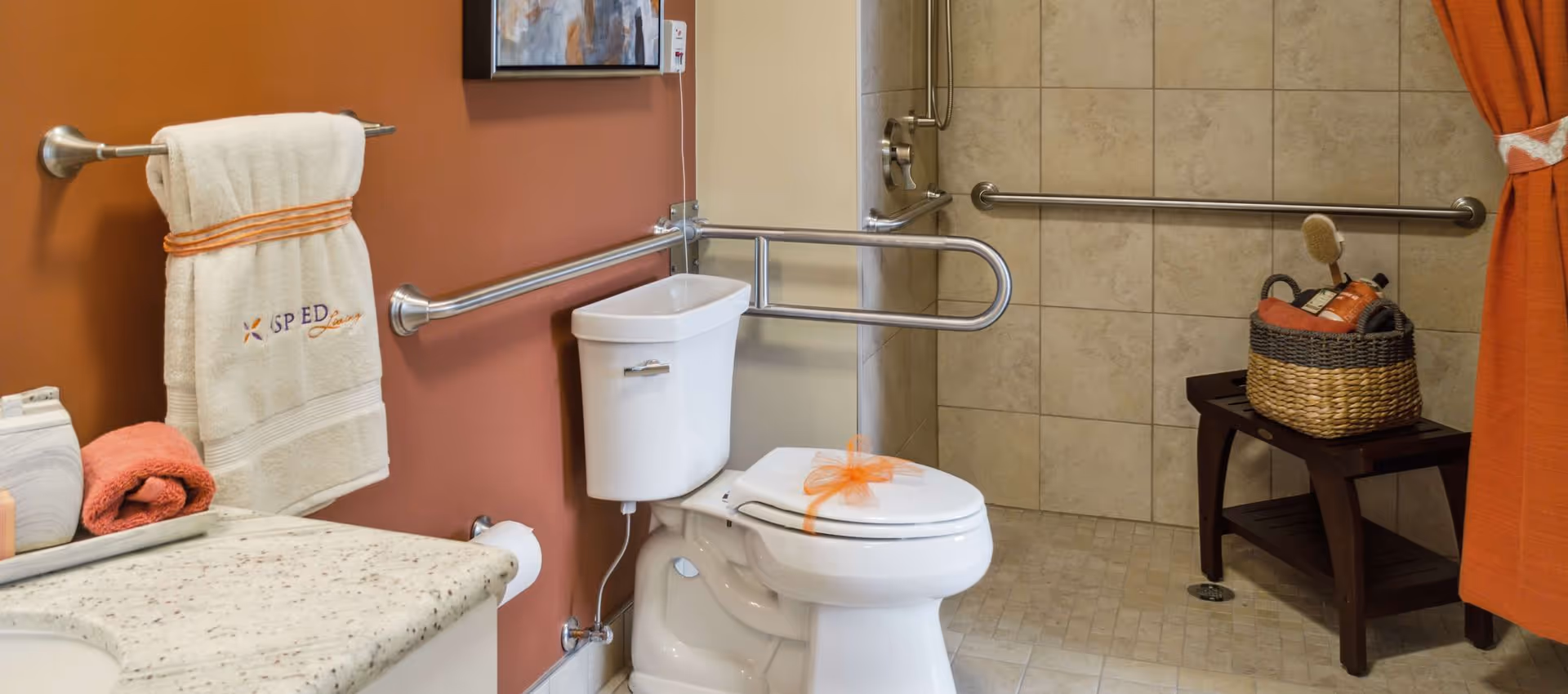 Accessible bathroom featuring a toilet with safety grab bars, a sink countertop, and a tiled walk-in shower with a bench and basket.
