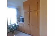 Corner of a small bedroom with a built-in wooden wardrobe, a dresser holding a TV, a window with curtains, and a potted plant.