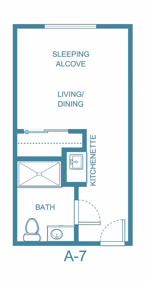 Floor plan layout labeled A-7 showing a sleeping alcove, living/dining area, kitchenette, and a bath with a toilet and sink.