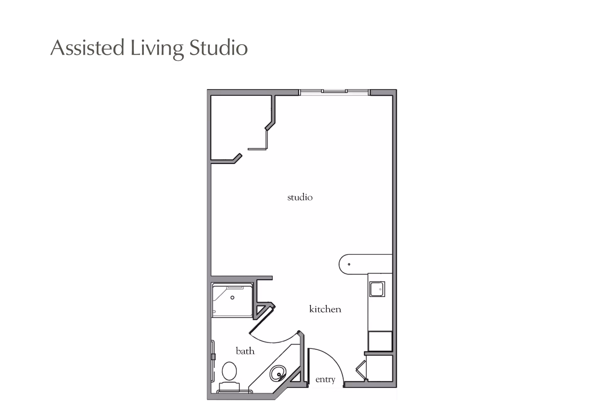 Floor plan layout of an assisted living studio apartment showing a studio area, kitchen, bath, and entry.