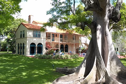 A large two-story building with arched windows and a red-tiled roof surrounded by green grass and trees, including a large tree trunk in the foreground.