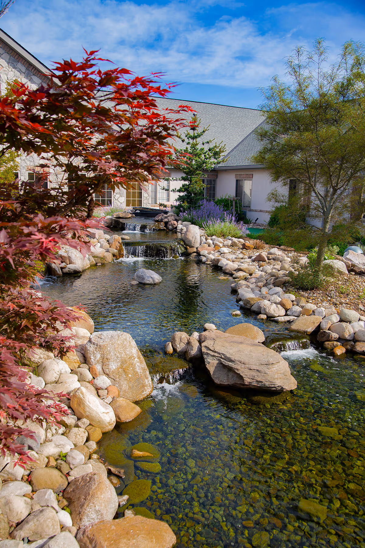 A landscaped outdoor courtyard featuring a rock-lined pond with small waterfalls in front of a residential building.