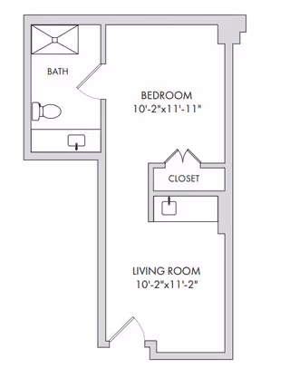 Black-and-white floor plan of a small one-bedroom apartment showing a living room, bedroom, closet, and bathroom with room dimensions.