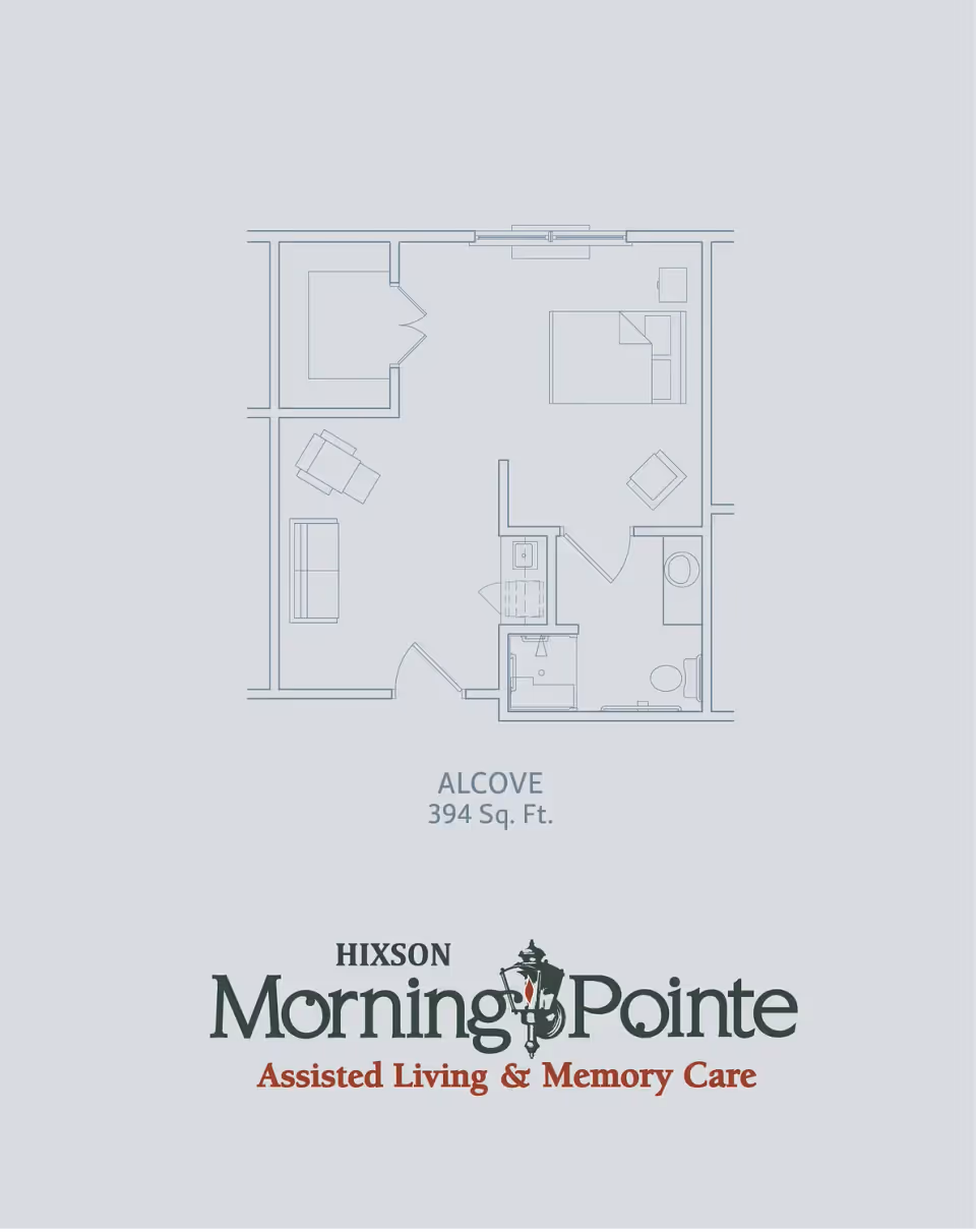 Floor plan layout of an alcove apartment with 394 square feet, showing a living area with sofa and chair, a sleeping area with a bed and nightstand, a bathroom with a shower, toilet, and sink, and a small kitchenette area. The image includes the logo and name of Morning Pointe of Hixson Assisted Living & Memory Care.