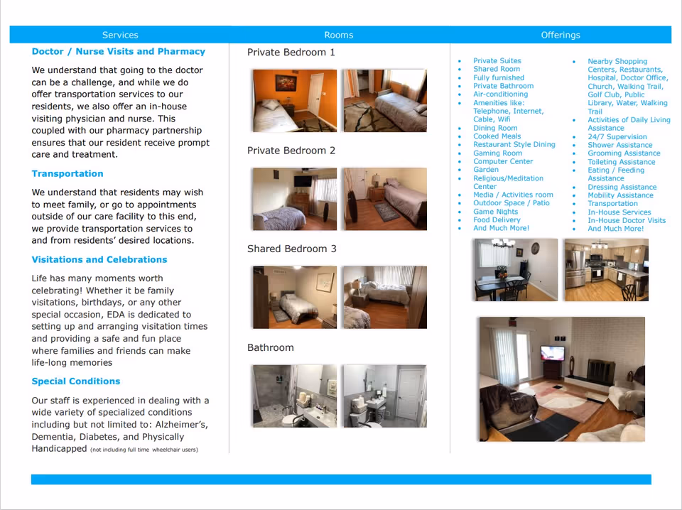 Informational brochure page for EDA Home Care showing services offered including doctor/nurse visits, transportation, visitations, and special conditions. The page also displays photos of private bedrooms, a shared bedroom, a bathroom, a dining area, a kitchen, and a living room. The rooms are furnished with beds, tables, chairs, kitchen appliances, and living room furniture.