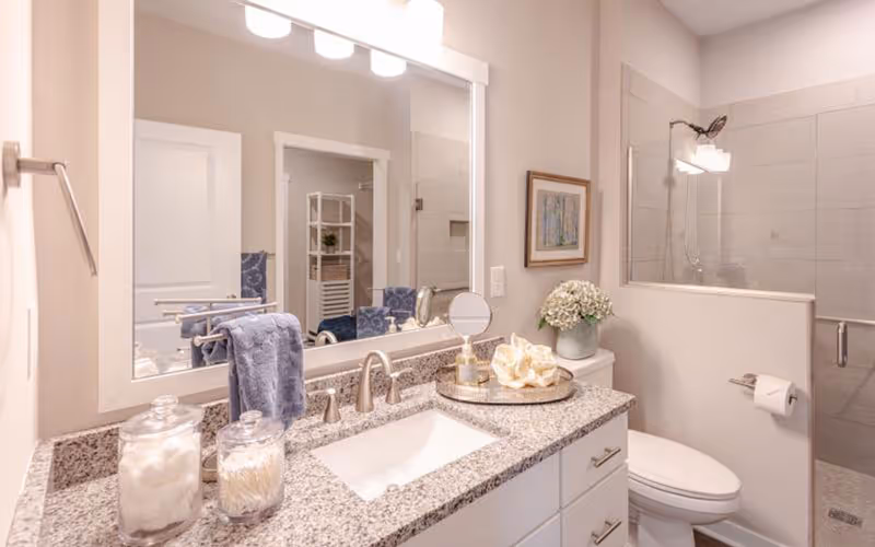 A clean and modern bathroom featuring a granite countertop with a built-in sink, two glass jars filled with cotton balls and cotton swabs, a small round mirror, and a decorative tray with seashells. Above the sink is a large mirror with three lights. To the right is a toilet with a vase of white flowers on the tank and a walk-in shower with glass door and tiled walls.