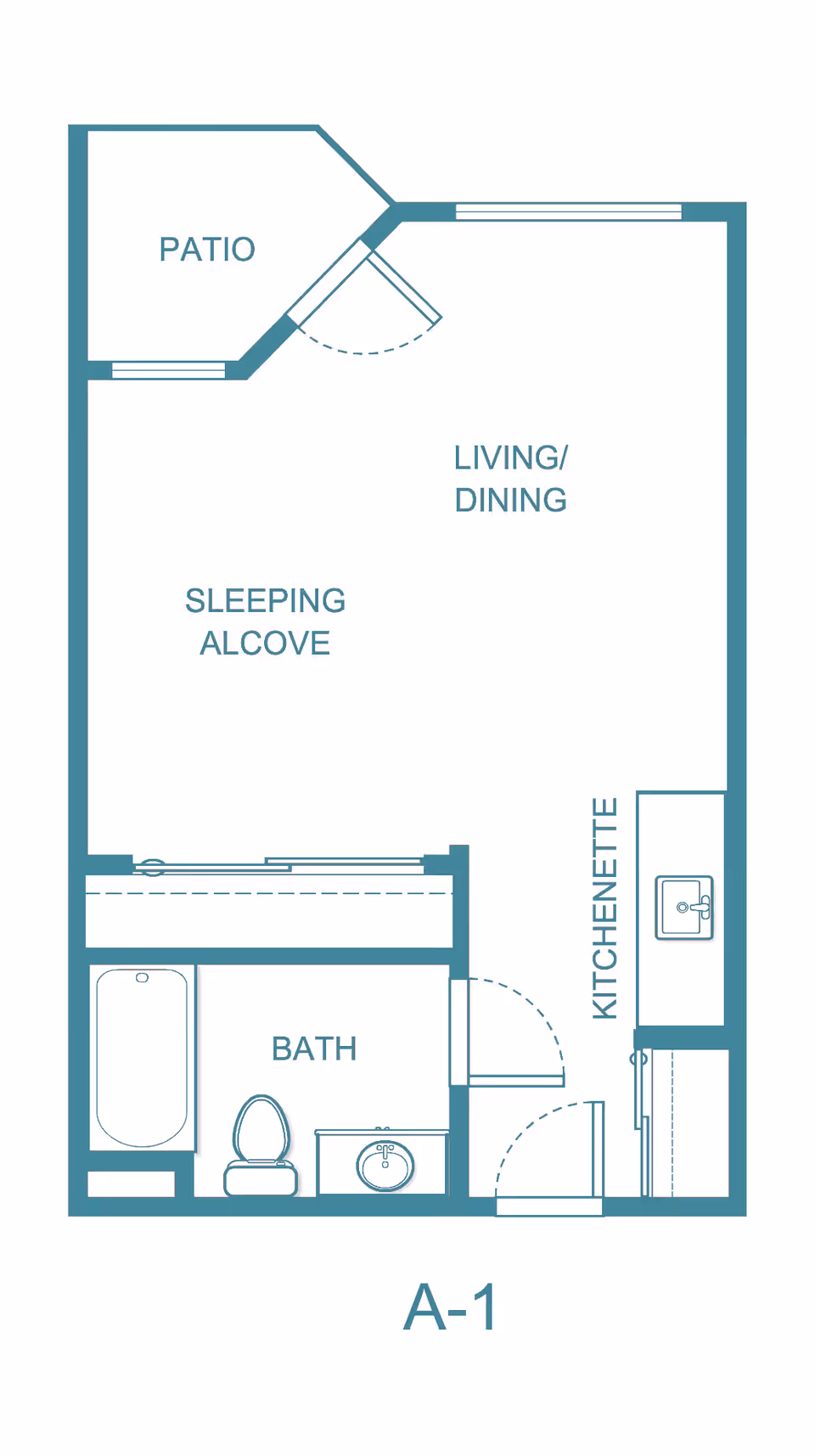 Architectural floor plan of a studio apartment labeled A-1, showing a patio, living/dining area, sleeping alcove, kitchenette, and a bathroom with a bathtub, toilet, and sink.
