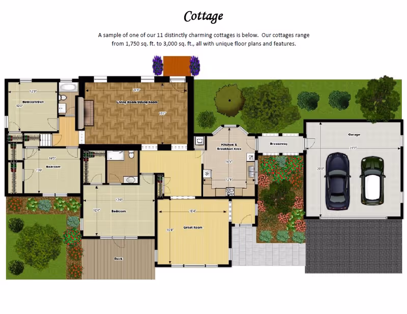 Floor plan of a cottage showing multiple rooms including bedrooms, living room/dining room, kitchen and breakfast area, great room, bathrooms, a breezeway, garage with two cars, and outdoor garden areas with trees and plants.