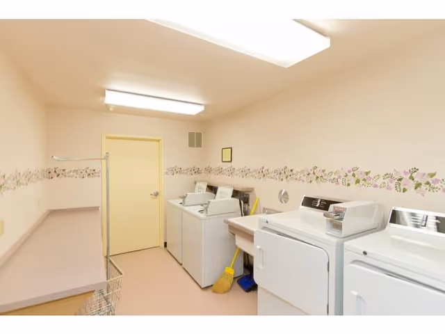 Small laundry room with washers and dryers, a folding counter, and a broom against a floral-trimmed wall.