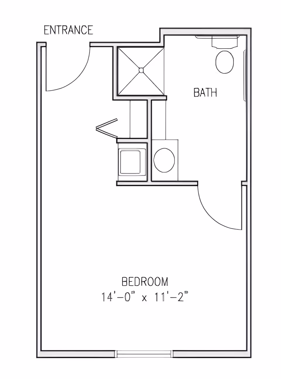 Architectural floor plan showing a bedroom measuring 14 feet by 11 feet 2 inches with an attached bathroom. The layout includes an entrance door, a shower, a toilet, and a sink in the bathroom area.