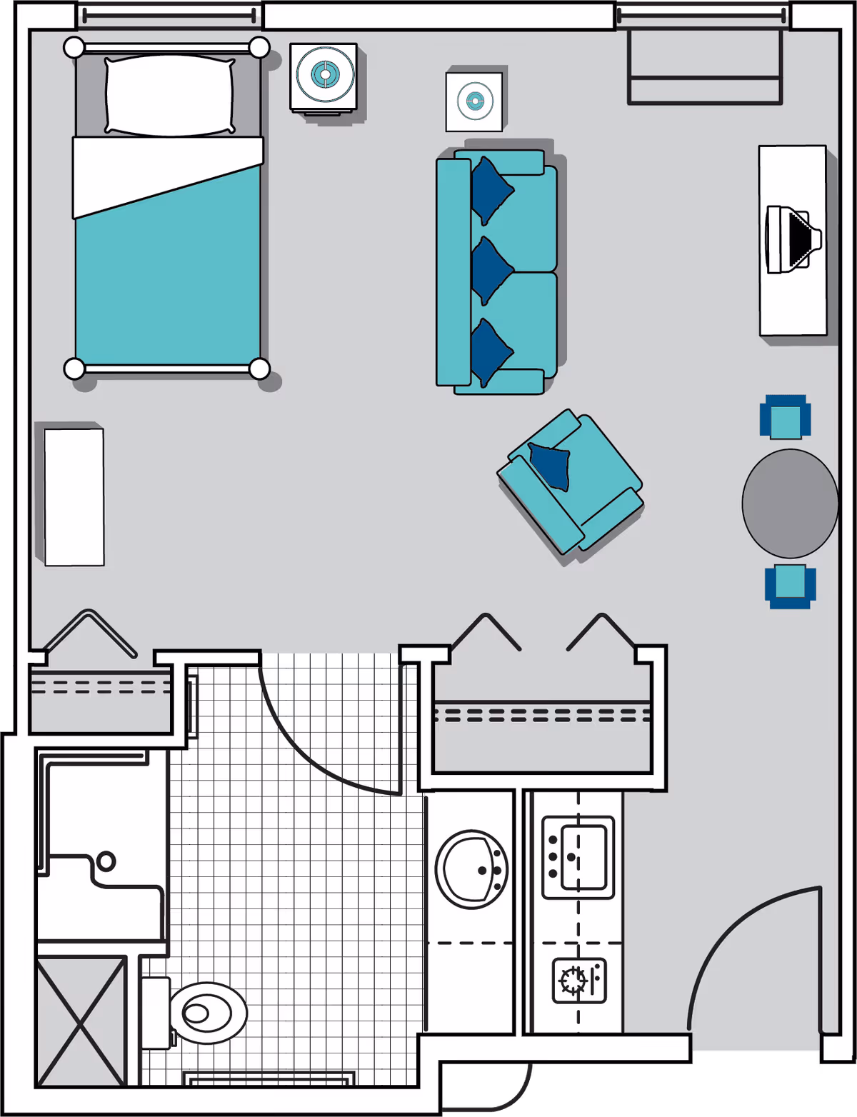 Floor plan of a senior living facility unit featuring a bedroom area with a bed and nightstand, a living area with a sofa, armchair, TV, and small dining table with two chairs, a bathroom with a shower, toilet, and sink, and a small kitchenette with a sink and stove.