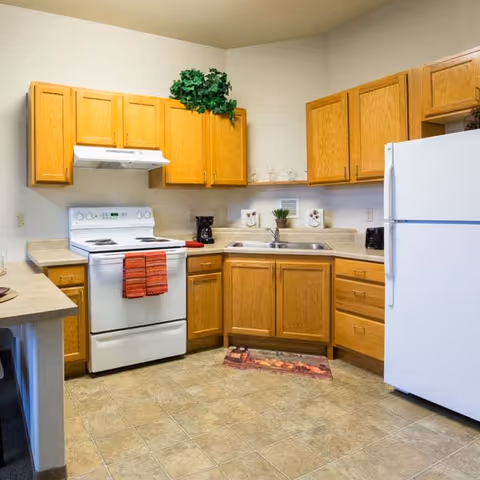 A clean kitchen with wooden cabinets, a white electric stove with a red towel hanging on the handle, a white refrigerator, a double sink, a coffee maker, a toaster, and a small plant on the countertop. The floor is tiled and there is a decorative mat in front of the sink.