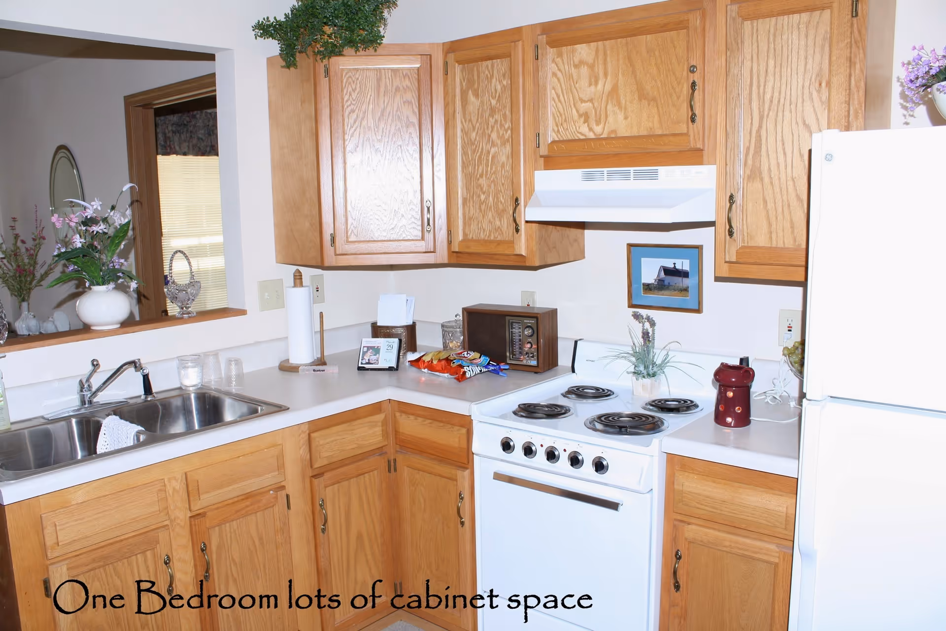 Small kitchen with oak cabinets, white electric stove and refrigerator, double sink, and countertop appliances.