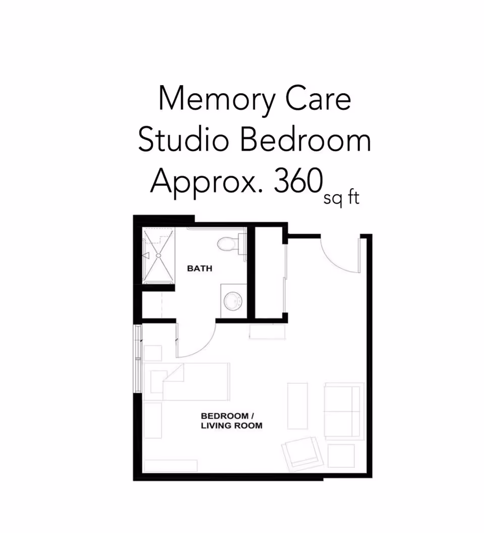 Floor plan layout of a Memory Care Studio Bedroom approximately 360 square feet, showing a combined bedroom and living room area and a separate bathroom.