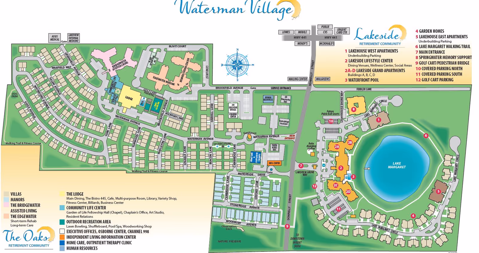 Map of Waterman Village and Lakeside Retirement Community showing various residential areas, amenities, walking trails, parking, and key buildings such as The Lodge, Community Life Center, Assisted Living, and Lake Margaret with labeled points of interest and a compass for orientation.