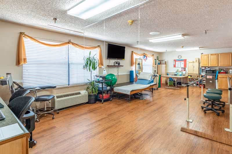 A spacious therapy or rehabilitation room with wooden flooring, a treatment table, exercise equipment including a green exercise ball, parallel bars for walking practice, chairs, a wall-mounted TV, and large windows with blinds and orange curtains.