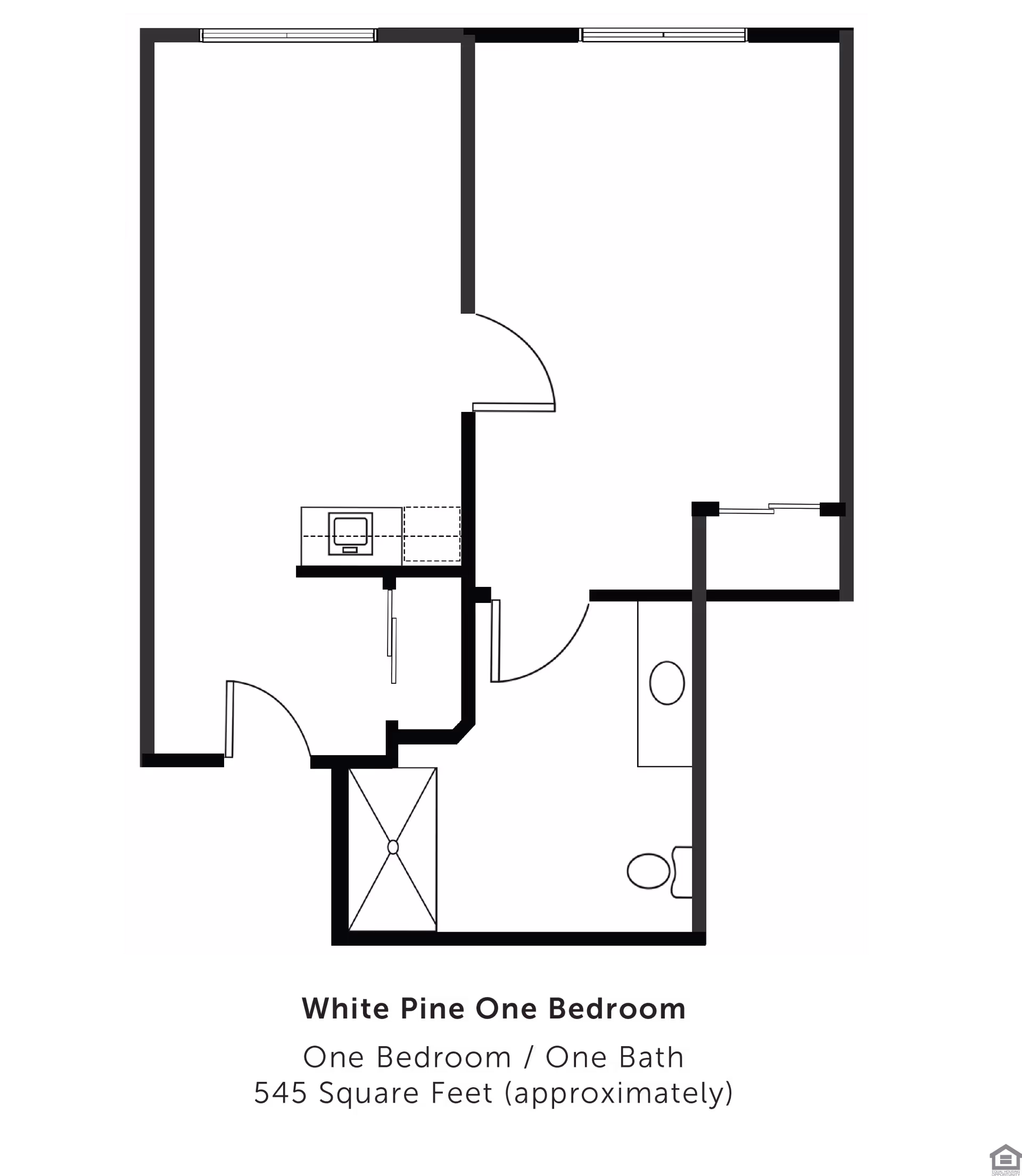 Black-and-white floor plan diagram of a one-bedroom, one-bath apartment showing rooms, bathroom fixtures, kitchen area, and entry.