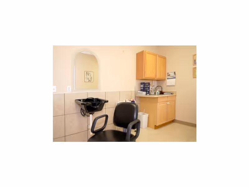 Small salon area with a black shampoo sink and chair, wall mirror, and wooden cabinets and countertop.