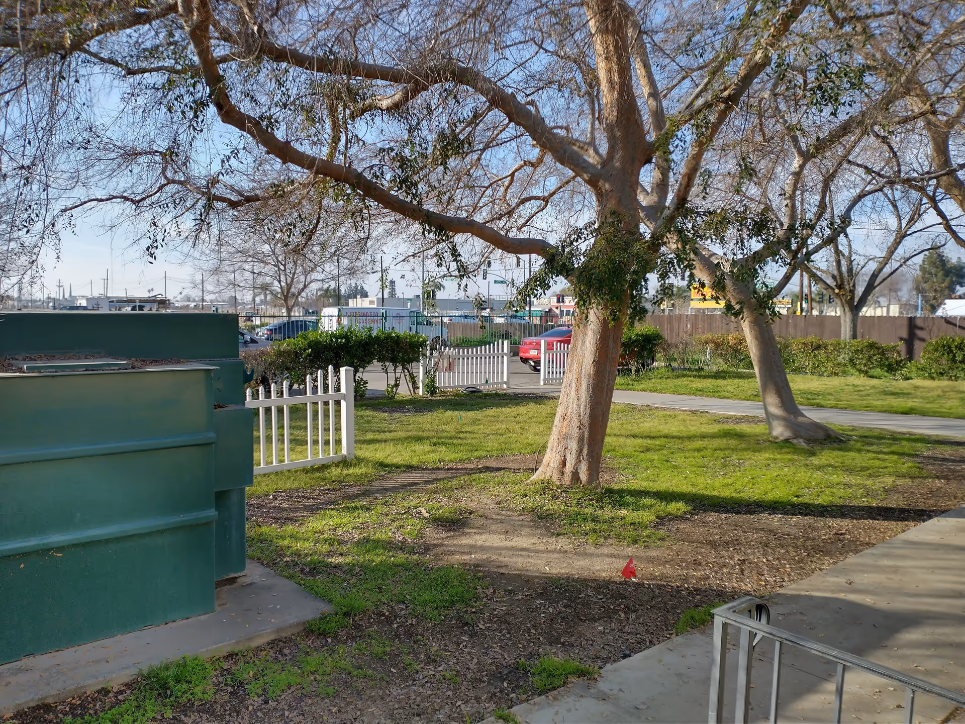 Outdoor area with green grass, leafless trees, a white picket fence, and a sidewalk. In the background, there is a parking lot with several cars and some buildings under a clear blue sky.
