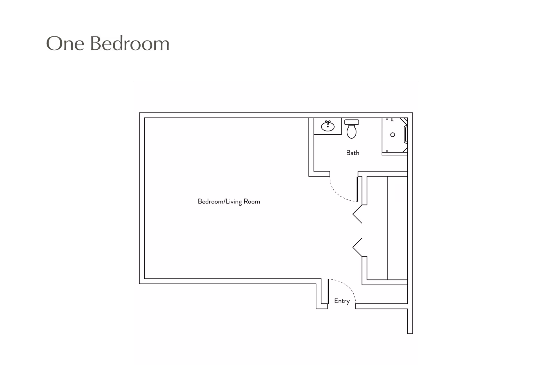 Floor plan layout of a one-bedroom unit at Atria Covina, showing a combined bedroom and living room area, a bathroom with a sink, toilet, and shower, and an entryway.